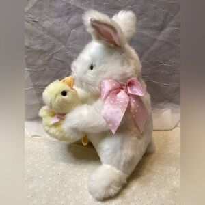Bearington Easter White Bunny with Pink Bow & Yellow Duckling Plush Stuffed Toy